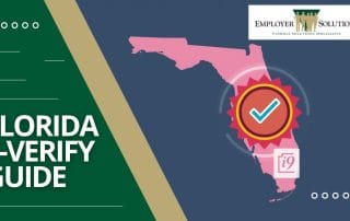 Florida E-Verify compliance graphic for private employers with checkmark and I-9 clipboard icon